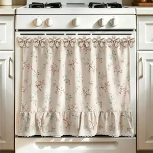 Oven Skirt Curtain, Farmhouse Tie Top Oven Curtain for Door with Ruffle Trim and Ribbon Bow Ties, Decorative Stove Cover, Dishwasher Cover for Cottage Kitchen Decor (Floral)