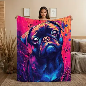 1pc Black Pug Dog Print Flannel Throw Blanket - Soft Cozy All-Season Neon Pug Art with Pink/Purple/Blue/Pink/Pink/Purple/Pink/Pink - Lightweight Bedspread for Couch, Bed, Travel - Perfect Gift for Pug Lovers (Machine Washable), Christmas Blanket, Chr, Neo