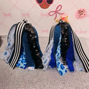 Fabric Earrings with Blue and Black Sequins and Stripes for a Stylish Look