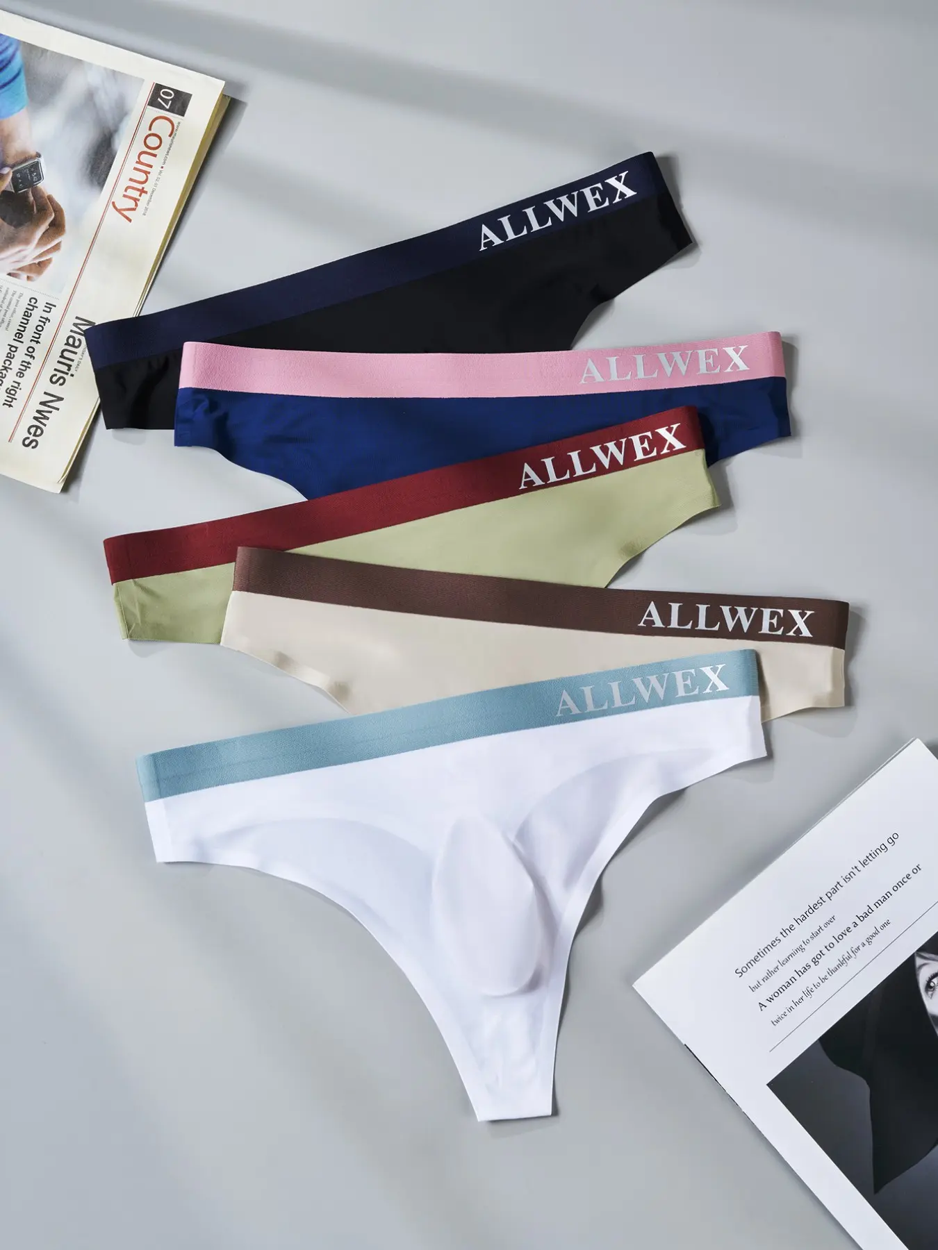 Men's Thong Underwear Set, Seamless Ice Silk Breathable Comfort, High Stretch Low Waist Design, Allwex Letter Print Trunks