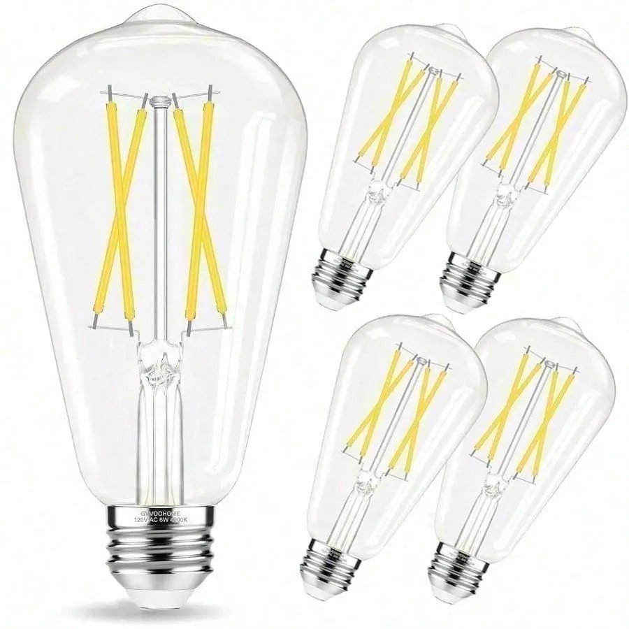 4PCS Edison Bulbs 60 watt Equivalent LED, E26 LED Bulb Non-Dimmable, 5700K Daylight White, ST58 Vintage Light Bulbs, 90+ CRI, 6W 600LM, E26 Medium Base, Clear Glass