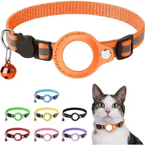 Pet GPS Tracker Collar Compatible with Airtag, Reflective PU Leather Cat Collar, Anti-Loss Tracking Device, Night Visibility Protection