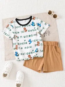 Summer Boys' 2-Piece Set Outfit, Letter Dinosaur Print Round Neck T-Shirt & Shorts, Casual Fashion Toddler, Kids Clothing, Clothing Sets