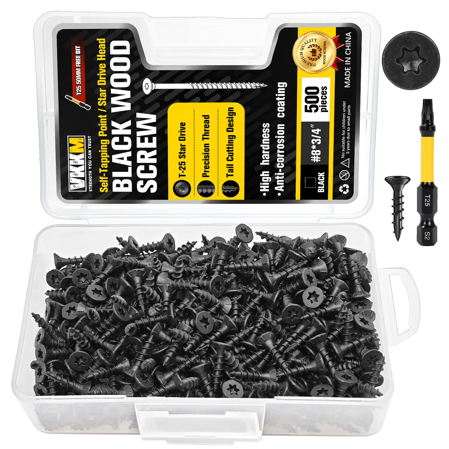 VKKM 500Pcs #8 x 3/4 Inch Torx Wood Screws, Black Rust Resistant Flat Star Head Self Tapping Anti-Split Wood Screws with T25 Bit for Indoor Furniture Woodworking Construction