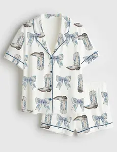 Coquette Blue Bow Cowgirl Satin Pajama Set for Women, Bridal Silky Sleepwear, Cute Holiday Lounge Outfit, Wedding Gift