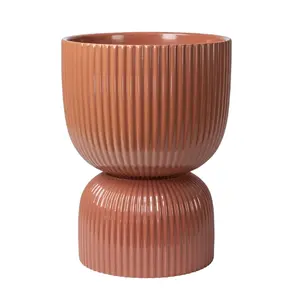 10”D x 13.5”H Round Ceramic Fulted Planter, Red