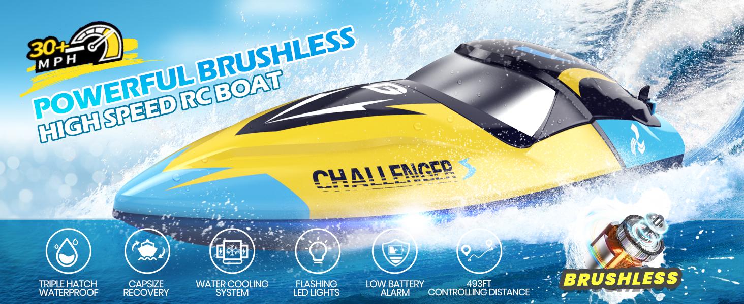 DEERC Brushless RC Boat, 30+ mph Fast Remote Control Boats with Never Capsize&Low Battery Alarm Function, Racing Boat with LED Lights for Pools&Lakes