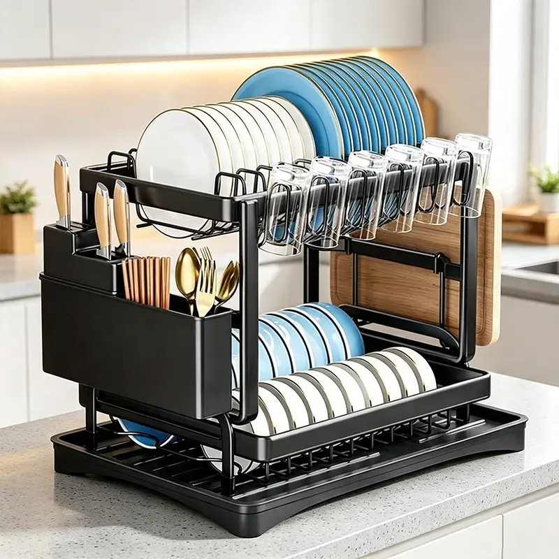 2-Tier Dish Drying Rack for Kitchen Counter Stainless Steel Rustproof Drainer Organizer with Removable Cutlery Basket for Knives Cups & Cutting Board Black Bowl and Dish Drying Rack 2-Layer Design