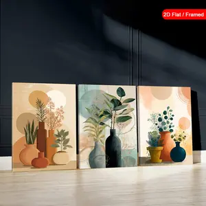 2D flat painting, framed abstract wall art, 2D flat, set of three, canvas floral design. This elegant poster represents modern art prints and classic wall decorations