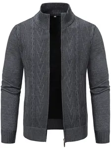 Men's Plain Knit Sweater Top, Winter New Fleece Thick Fashion Versatile Comfortable Trendy Open Front Long Sleeve Cardigan Knitwear, Suitable for Cold Weather