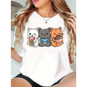 Women’s Cute Kawaii Cats T-Shirt | Boba Tea, Gaming, Ramen Cat Graphic Tee | Casual Daily Wear, Cat Lover Gift, Kawaii Fashion 100% Cotton T-shirt