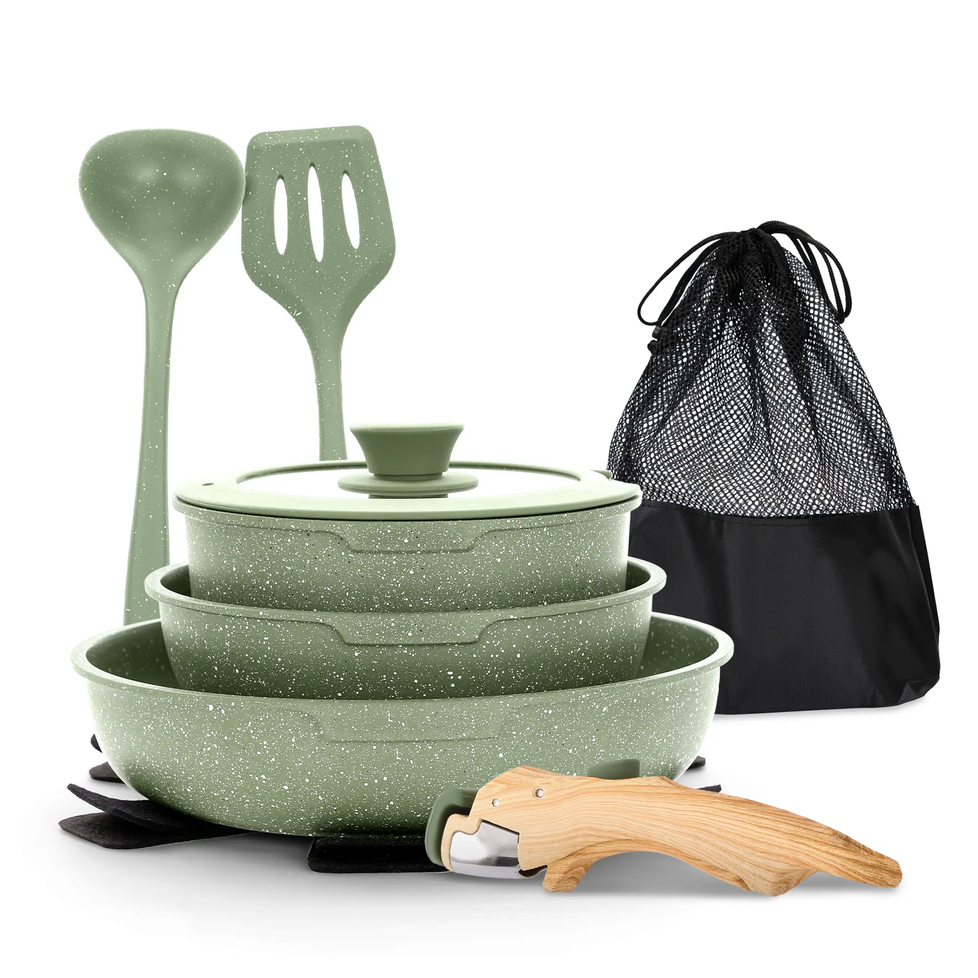 Kitchen Academy Detachable Handle Induction Cookware Sets - 10 Piece Non-stick Pots and Pans Set for Camp Lightweight Oven Stove Black Outdoor Activities