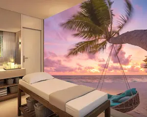 Tropical Beach Sunset Peel and Stick Wallpaper - Relaxing Palm Tree and Ocean View Mural for Spa & Salon, Massage Room Wallpaper.