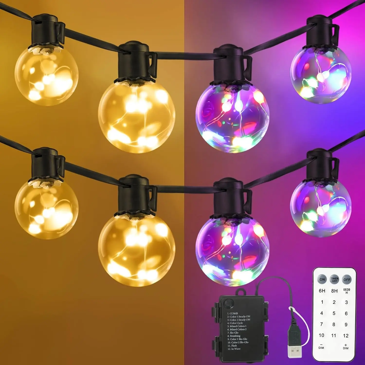 Outdoor String Lights Battery Operated,22ft 20 G40 LED Patio Bulbs | Warm White & Multi,Dimmable,Remote,Timer,Waterproof Hanging Globe Bulb Shatterproof,Backyard Balcony Bistro Christmas Decor