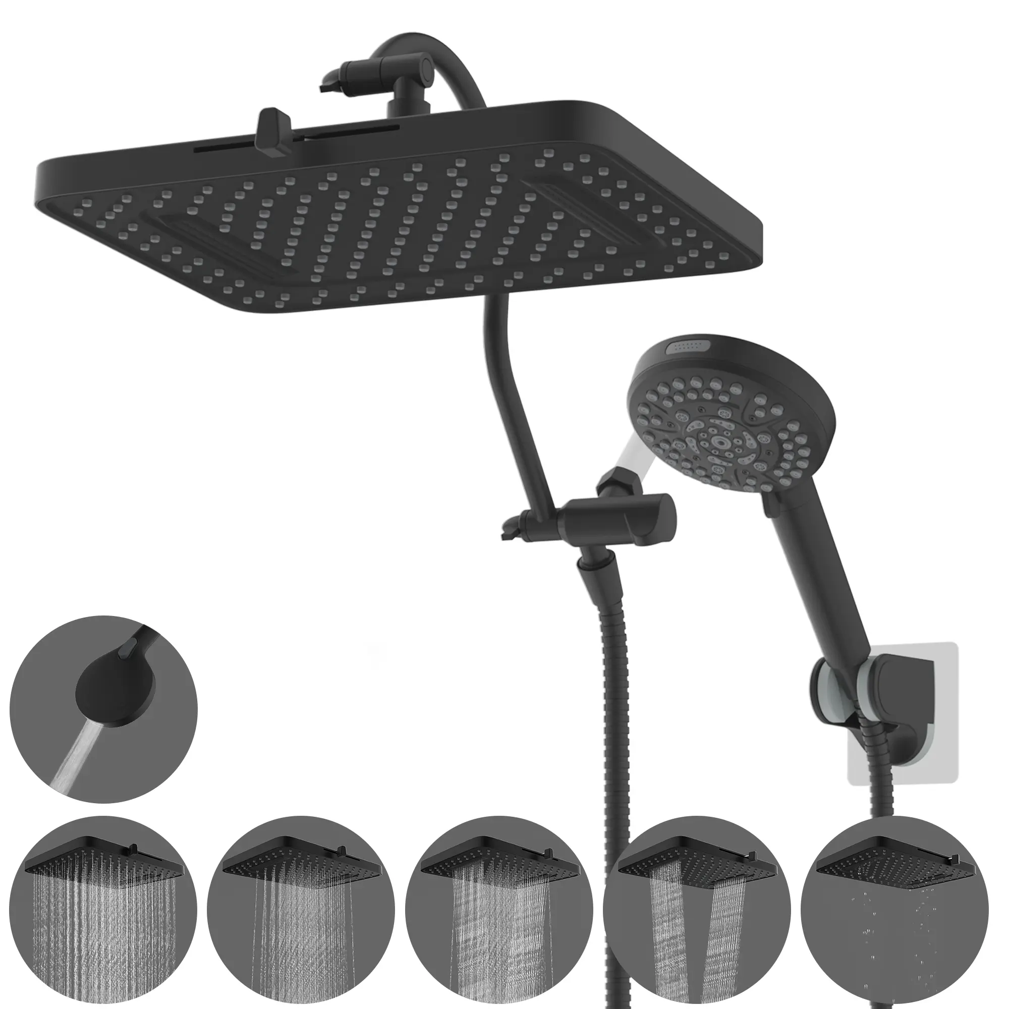Hibbent Upgraded 5-spray 13'' Shower Head, High Pressure Rainfall Shower Head, Dual Showerhead Combo with 10-mode Handheld Spray  12'' shower  Arm, Shower Heads, Stainless Steel