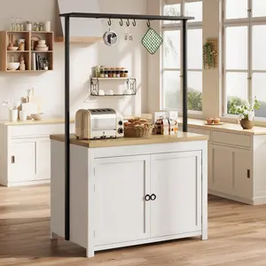 42" Heavy-Duty Kitchen Island with 30mm Countertop - Multi-Functional Storage Cart with 3-Tier Shelves,5 Hooks & 400lb Capacity,Wood Bakers Rack for Small Spaces (White & Natural)