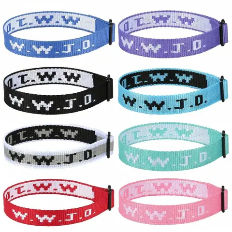 8-Piece Adjustable Woven Bracelet Set, Embroidered Wwjd Christian Jewelry, Neutral Sports Band, Holiday Gift, Valentine's Day, Back-To-School, Mother's Day, Bracelet Combination Set, Bracelet Bundle