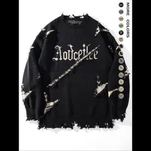 Men's Letter Pattern Ripped Sweater, Casual  Loose Long Sleeve Round Neck Jumper for Fall & Winter, Fashion Men's Knitwear for Daily Wear