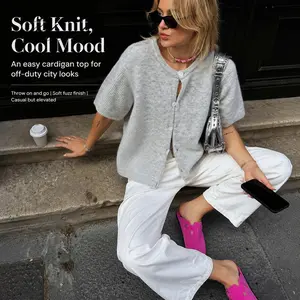 Women's Short Sleeve Sweater, Everyday Favorite, Solid Color Round Neck Button Down, Ribbed Knit Cardigan Casual