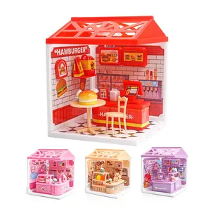 DIY Mini Shop Building Toy Set, Light-Up Burger & Dessert Store Scene, Educational Role-Playing Kit for Kids, Fun Learning Playset
