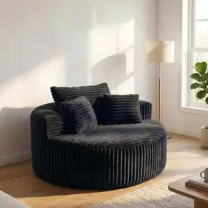 55" Round Modular Chaise Lounge Sofa, Oversized Corduroy Upholstered Circular Deep Seat Sofa with 3 Pillows for Living Room Bedroom Apartment