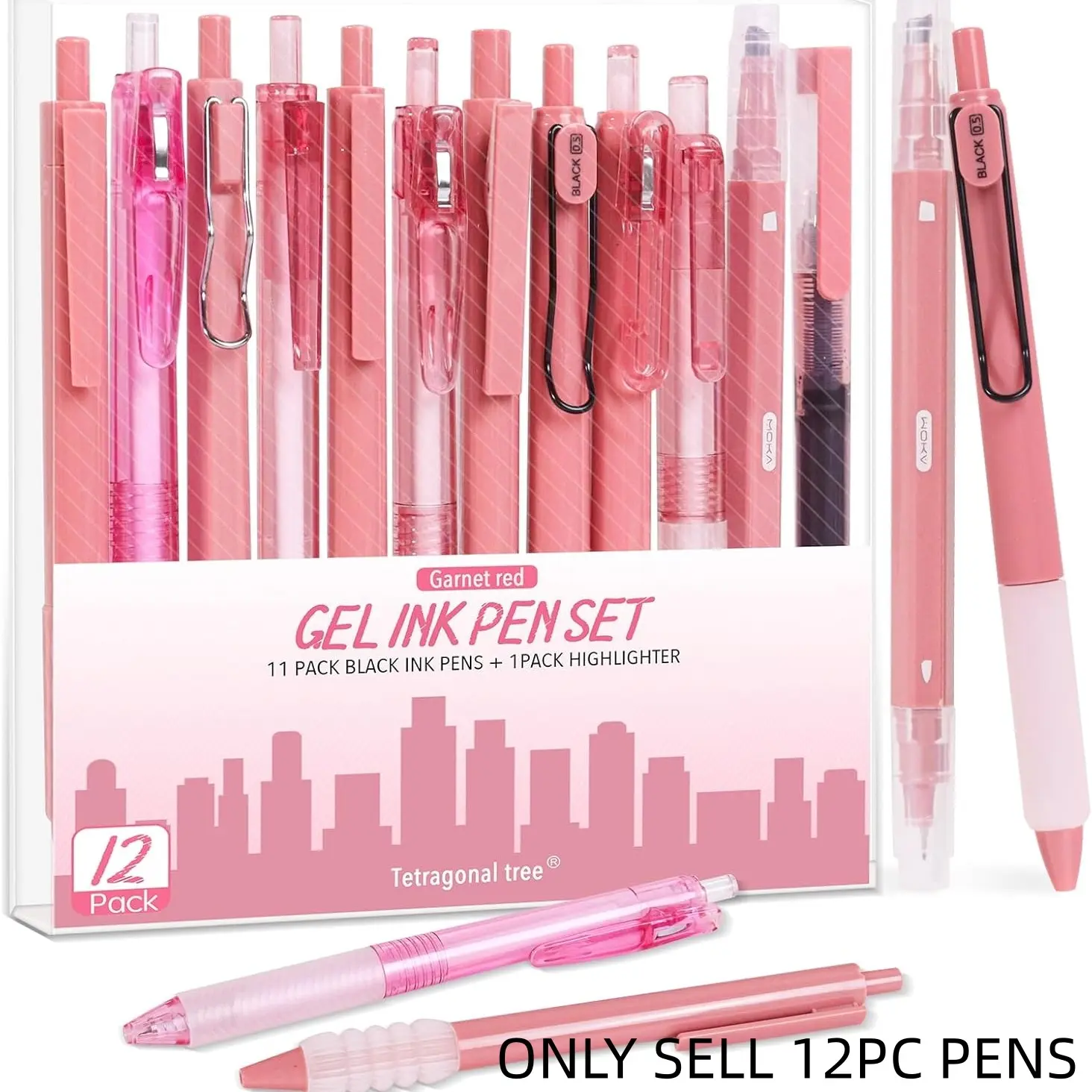 12Pcs Gel Pens Set with 1Pack Highlighter - Fast-Drying Black Ink, Quick Dry Pens, Fine Point 0.5mm, Retractable, Cute Pens, Aesthetic Pens - Garnet Red Gel Ink Pens for Journaling.School Office Supplies Stationery Desk Accessories for Women