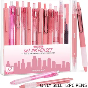 12Pcs Gel Pens Set with 1Pack Highlighter - Fast-Drying Black Ink, Quick Dry Pens, Fine Point 0.5mm, Retractable, Cute Pens - Garnet Red Gel Ink Pens for Journaling.School Office Supplies Stationery Desk Accessories for Women