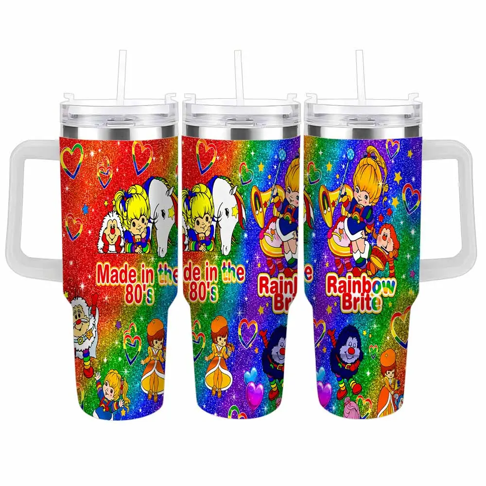 Rainbow Brite Retro Vintage Aesthetic Insulated Stainless Steel Drink Tumbler (30oz/40oz) - Colorful Nostalgic Cartoon Print, Vacuum-Sealed, Leak-Proof, Lid & Straw Included, Ideal for Daily Commute, Office Use, Birthday Gift, Flasks, Insulation