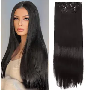 Clip in Hair Extensions 24 Inch 6PCS Natural Fluffy Invisible Seamless Straight Hair Extension High-temperature Synthetic Fiber Double Weft for Daily Use Busy Lifestyle Comfortable Fashionable resistant Thick Hair piece Clip Set