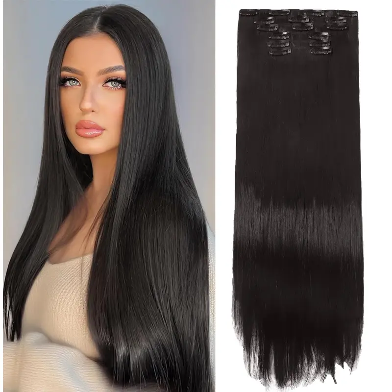 Clip in Hair Extensions 24 Inch 6PCS Natural Fluffy Invisible Seamless Straight Hair Extension High-temperature Synthetic Fiber Double Weft for Daily Use Busy Lifestyle Comfortable Fashionable resistant Thick Hair piece Clip Set