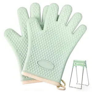 Silicone Oven Gloves with Finger Tips, Included Plate Holder - Heat-resistant 450 ° F Oven Insulation Gloves, Waterproof, Non Slip, and Stable Grip, Suitable for Grilling, Kitchen Cooking, Baking, and Welding