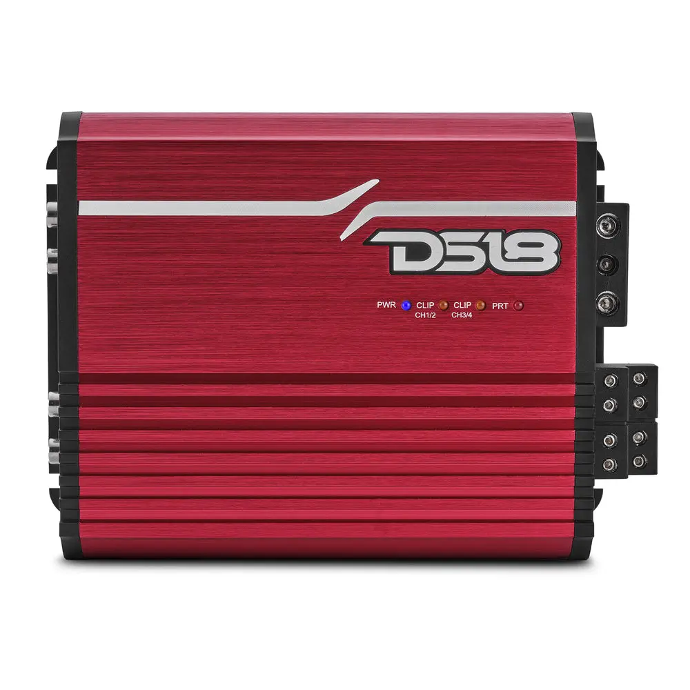 DS18 FRP-1.2K4/RD Compact 4-Channel Full-Range Car Amplifier - High-Power Class-D, 1200W RMS, Red, Easy Install, Bass Boosted