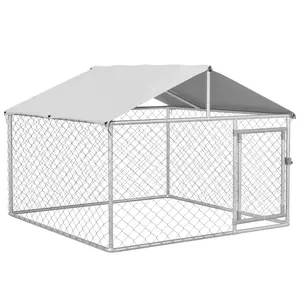 PawHut Large Dog Kennel Outside, Heavy Duty Dog Cage with Waterproof Cover, Outdoor Fence Dog Run with Galvanized Chain Link, Secure Lock, 6.6' x 6.6' x 7.8'