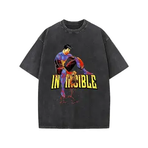 Retro Invincible Anime Streetwear Graphic Tee Bloodied Mark Grayson Vintage Washed Crewneck Short Sleeve Loose Fit Casual Retro Streetwear All Season Unisex Top for Anime Comic Fans Men Women