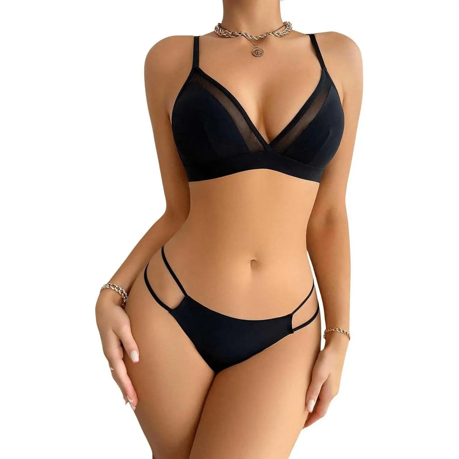 Women's 2 Piece Lingerie Set Seamless Contrast Mesh Bralettes and No Show Thongs Underwear Set