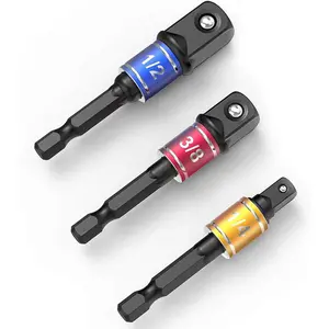 Socket Adapter Extension Set, 1/4, 3/8, 1/2 Inch Hex Shank, Impact Grade, Power Drill to Socket Converter, 3-Piece (Black)