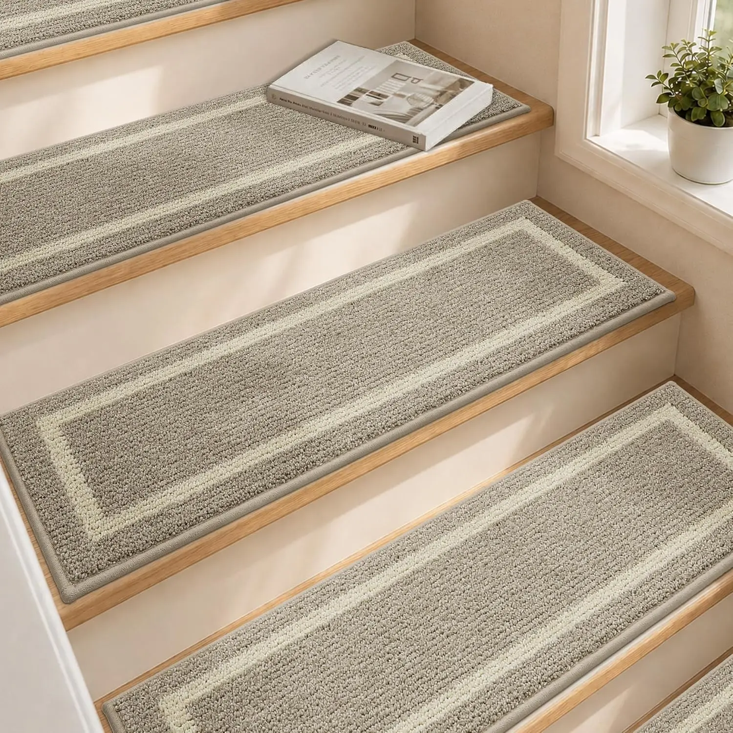 Soft Stair Treads Non-Slip Carpet Mat 28inX9in,4pcs Beige | Indoor Stair Runners for Wooden Steps,Stair Rugs