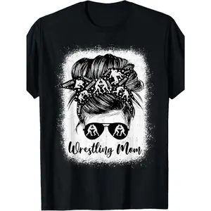 100% Cotton Wrestling Mom T-Shirt - Messy Bun Wrestler Design, Mother's Day Gift, Vintage Style, Round Neck, Short Sleeve, US, Short Sleeve