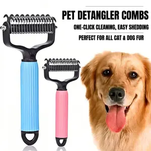 Pet Grooming Brush & Detangler Comb for Dogs & Cats | Double-Sided Undercoat Rake for Shedding, Mats & Tangles | One-Click Clean Dematting Tool for Long/Short Hair