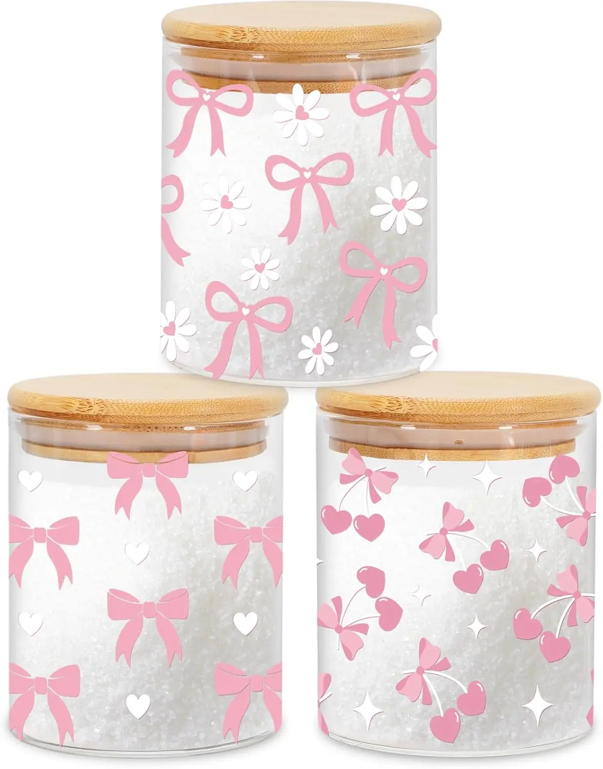 3 count  Bow Glass Storage Jars with Airtight Lid Cute Bow Cherry Floral Decorative Canisters Sets for Valentine's Day  Kitchen Countertop