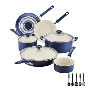 Farberware Easy Clean 14 Pcs Ceramic Nonstick Cookware Set with Cooking Tools, Dishwasher Safe, Non-stick cookware set, Blue