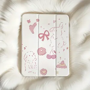 Pink bunny donut pattern, with adjustable stand and pen slot, foldable non-slip TPU protective case, suitable for iPad mini, iPad Air, iPad Pro/iPad 10th generation, 11th generation and other series iPad protective cases