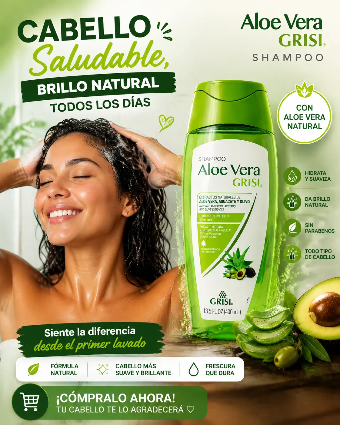 Grisi Shampoo Aloe Vera Daily Haircare Cleanser, Hydrate, Moisturize and Condition with Avocado, Olive, Eucalyptus 400ml.