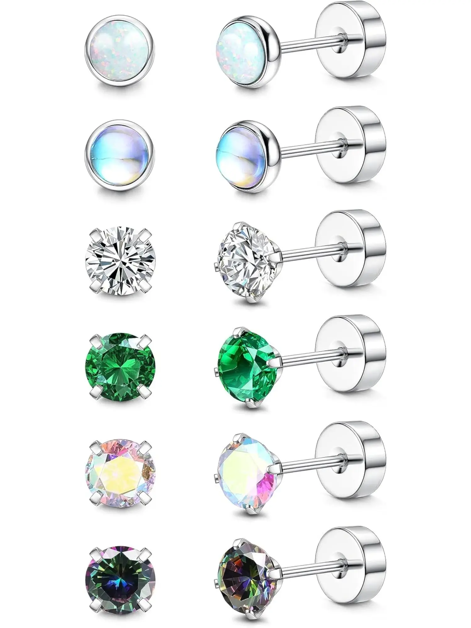6 Pairs Colorful Titanium Earrings Pure G23 Titanium Earrings for Men Women Sensitive Ears, Earrings with flat backs, 20G Stud Hoop Earrings Set Opal Moonstone Hypoallergenic Cartilage Earrings Comfy Sleeper Flat Back Stud Earrings