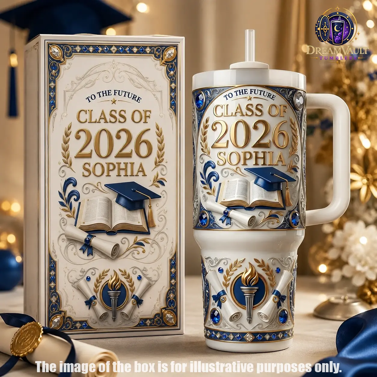 DreamVault Class of 2026 Personalized Graduation 40oz Tumbler with Handle & Straw, Custom Name Senior Graduate Insulated Travel Cup, Blue Gold Graduation Gift for Her, College High School Keepsake