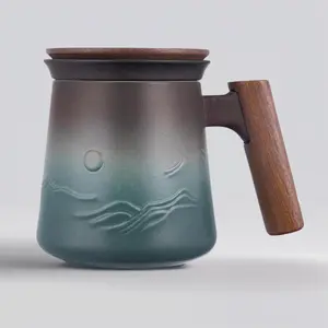 14.5 oz Embossed Ceramic Tea Mug with Infuser Lid and Wooden Handle Ideal for Loose Leaf Tea Brewing and Tea Lovers Gifts