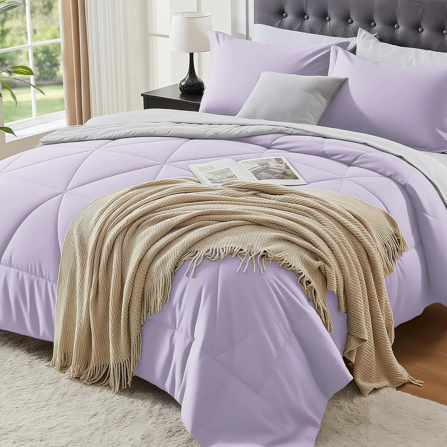 Twin Size Polyester Lavender 5-Piece Bedding Set - Bed in a Bag with Comforter, Pillowcase, Sham, Lightweight Fill, All Seasons, Durable, Modern, Soft, Machine Washable, Great Value for Bedroom Use