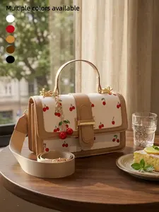 Cherry Print Crossbody Shoulder Bag, Elegant Lady Bag with Cherry Pendant, Perfect for Parties and Daily Use, Office and Casual Outing, Fashion Crossbody Purse