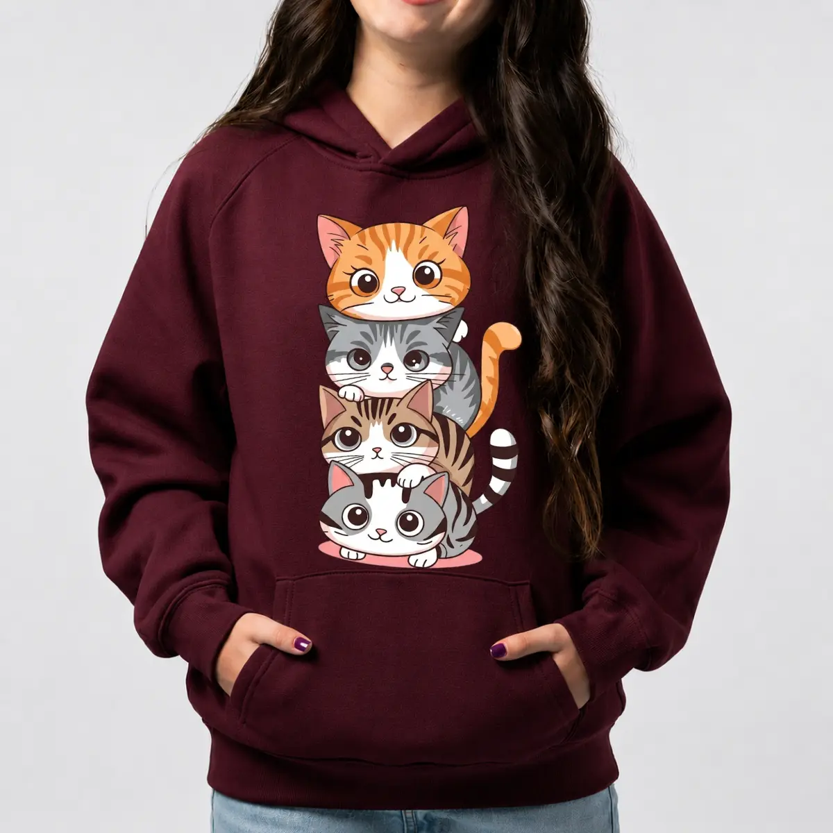 Cute Stacked Cats Hoodie, Kawaii Cat Lover Graphic Hoodie, Adorable Kitty Cartoon Sweatshirt, Cat Mom Gift Hoodie, Cute Animal Lover Hoodie, Whimsical Feline Front Print Hoodie, Cozy Casual Pullover For Women Girls