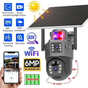 6MP Solar Camera Security Outdoor, Dual Lens (2x3MP) PTZ Wireless Home Security Cameras Outside Surveillance Indoor, Wide Angle 360°, Solar Powered, 2.4GHz WiFi, Human Detect, Color Night Vision Christmas gift